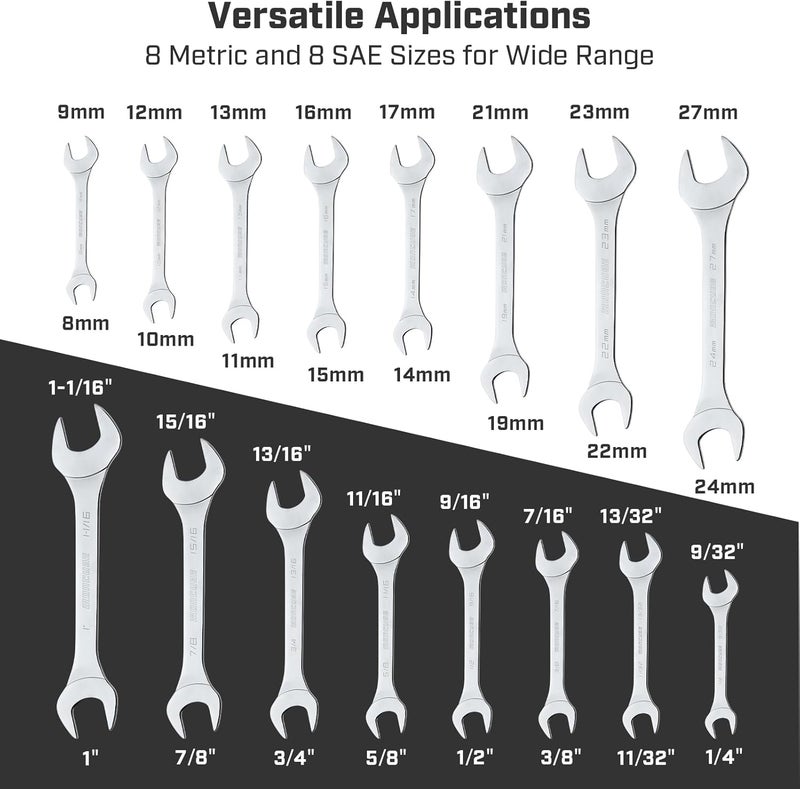 ironcube 16-Piece Super-Thin Double Open End Wrench Set: 3mm Extra-Slim Profile for Tight Spaces – Complete SAE & Metric Sizes – Full Range Tool Kit for Car Repair, Garage & Home - Image 3